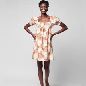 Faherty Ramona Smocked Floral Mini Dress Puff Sleeves Beige Organic Cotton Sz S